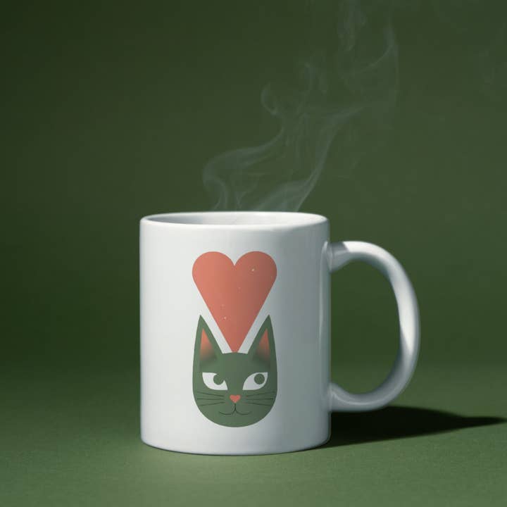 Minimalist Cat Heart Valentine’s Day Ceramic Mug for wholesale by Cryptic Paper Co.