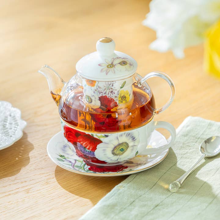 Poppy Field Glass and Fine Porcelain Tea For One Set for wholesale by Grace Teaware