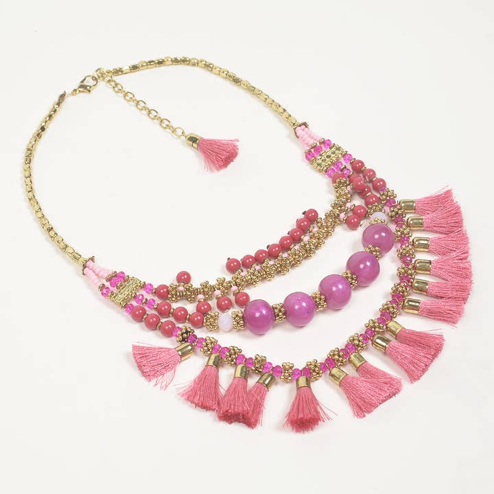 Betty Botanica - Wholesale Beaded/pearl necklace - SALE Bubblegum Pink Beaded Tassel Necklace