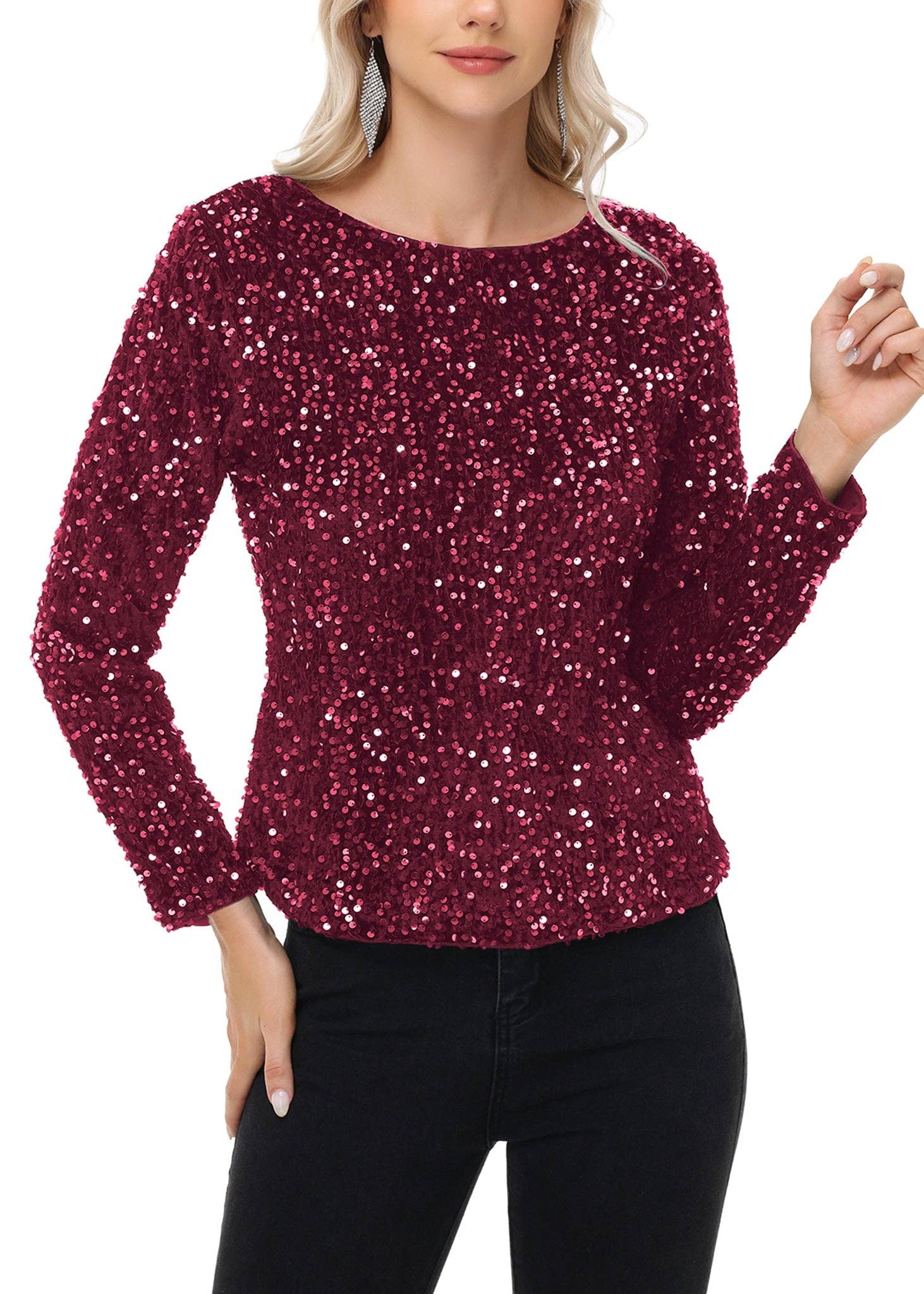 Anna Kaci Wholesale - Wholesale Blouse - Women's - Long Sleeve Sequin Tops Sparkly Glitter Evening Party13