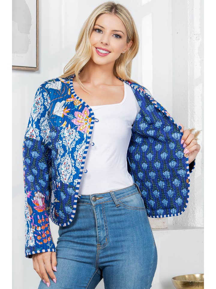 LA Soul - Wholesale Jacket - Women's - Floral Print Quilted Patch Cotton Jacket - Blue