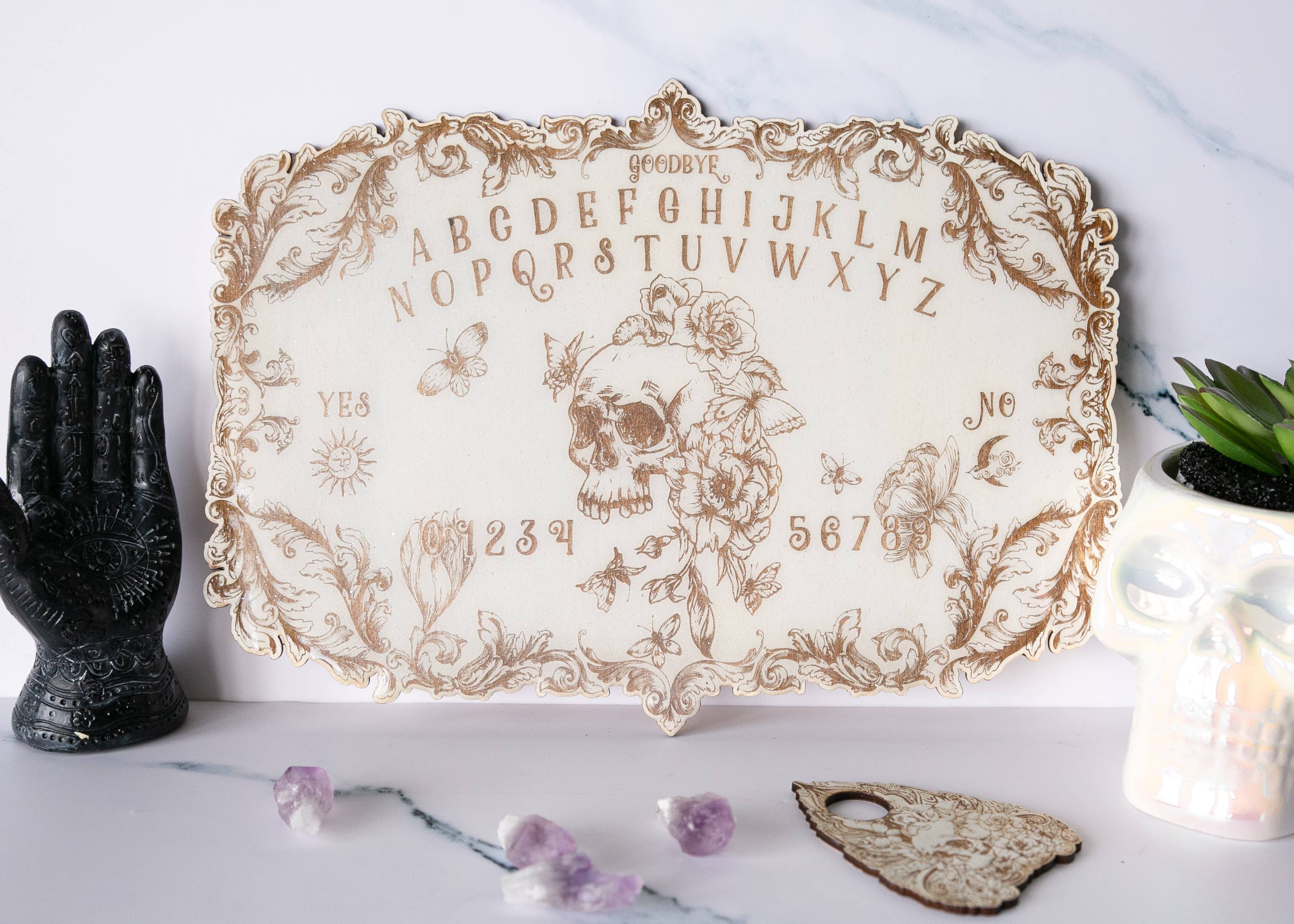 Ink and Flowers Designs - Wholesale Spirit Board - Floral Skull Spirit Board Heirloom White2