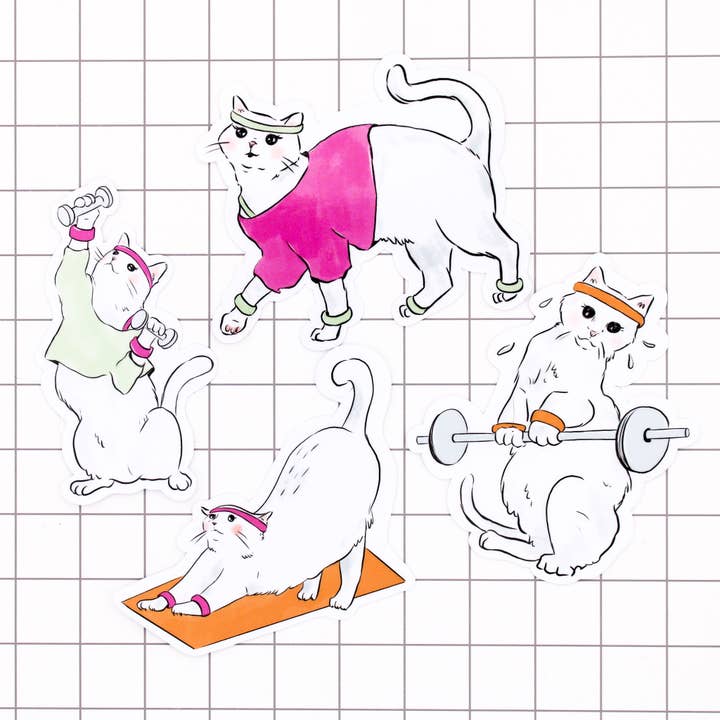 Gym Cats Vinyl Sticker Pack for wholesale by Amy Hartelust Art and Illustration