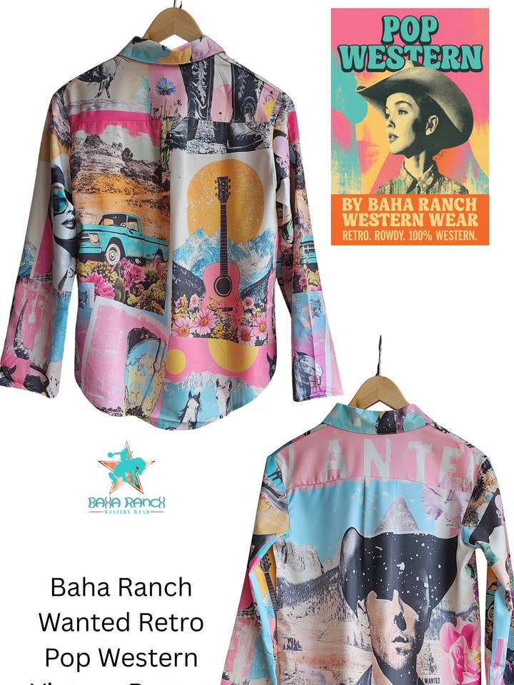white Baha Ranch Wanted Retro Pop Western Vintage Button Up Shirt for wholesale on Faire3