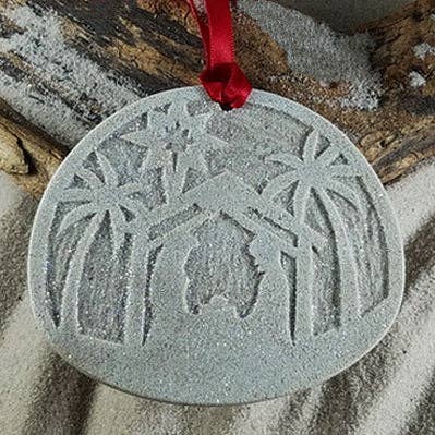 Nativity Silhouette under the Palms Sand Ornament for wholesale by The Sand Store by Creative Artworks, Inc.