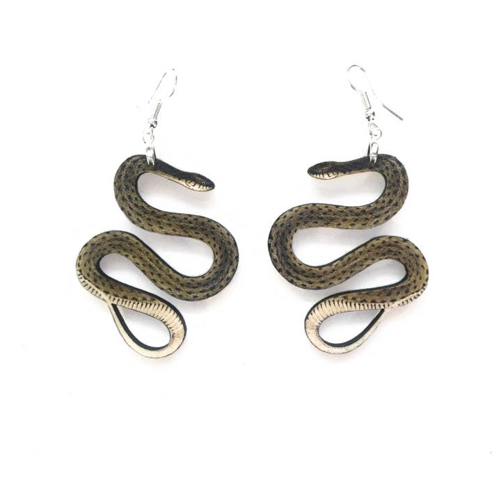 Green Snake Earrings - Antique Image - Laser Cut Wood for wholesale by Toad Hill Farm