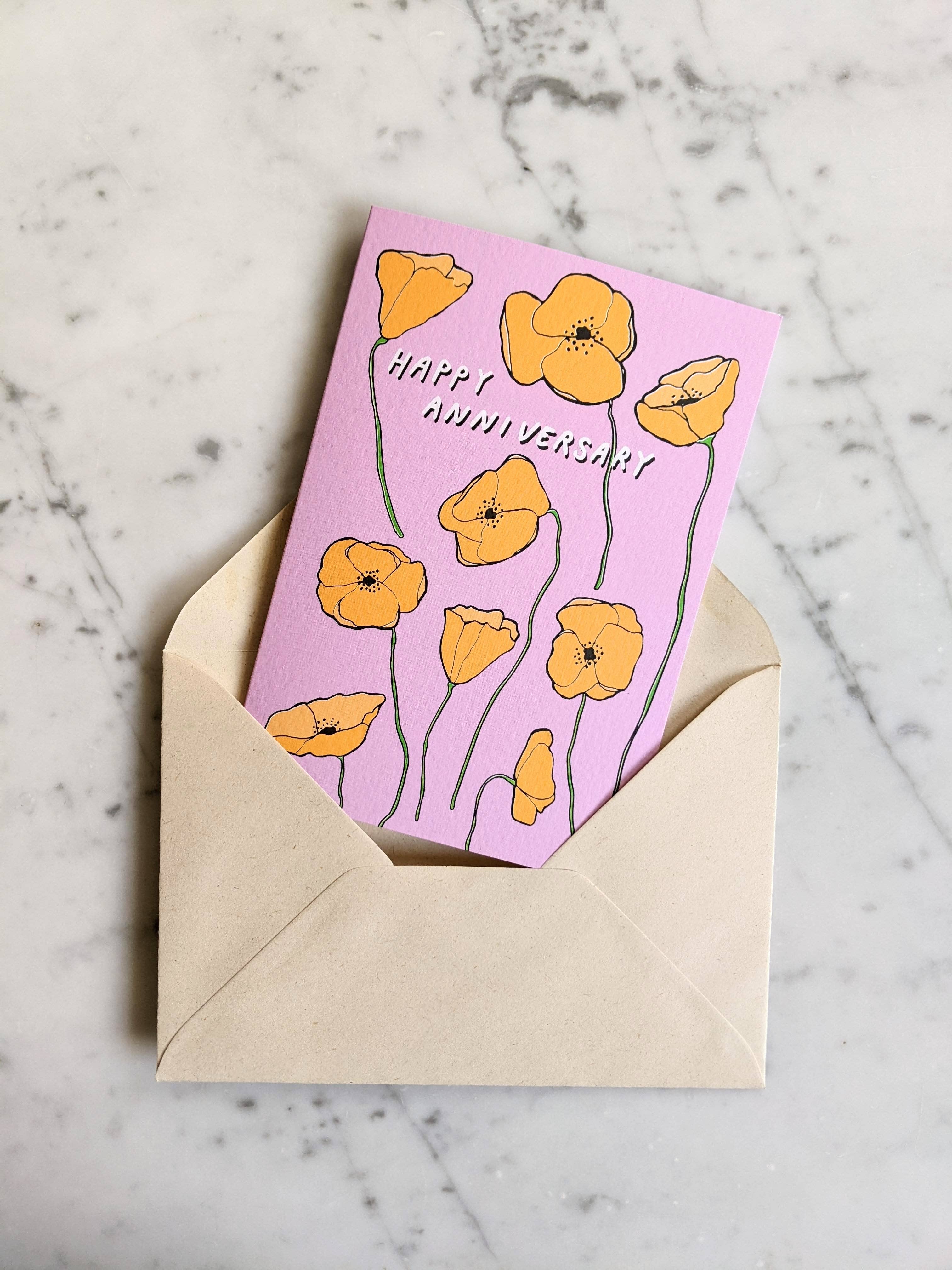 Madeleine Sywulak US - Wholesale Anniversary Card - Happy Anniversary Poppies Card - Orange & Pink1