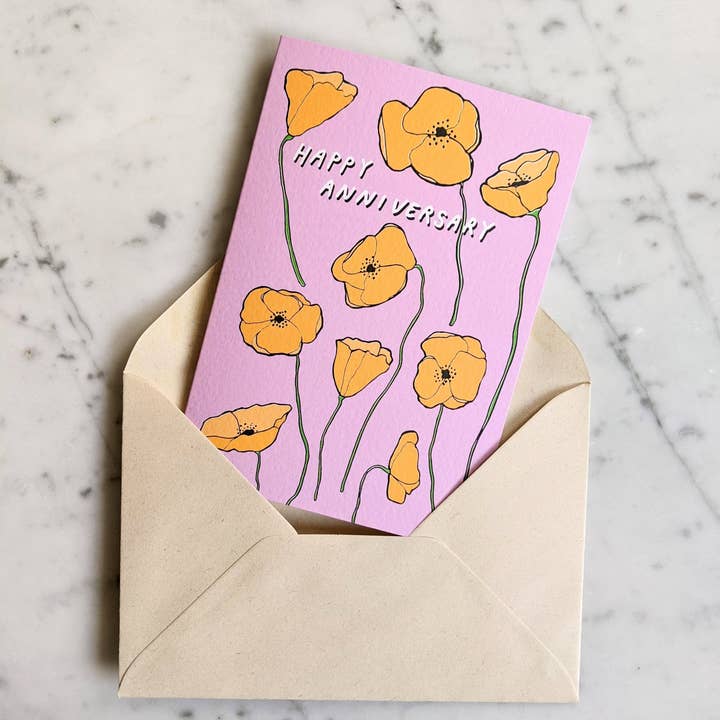 Madeleine Sywulak US - Wholesale Anniversary Card - Happy Anniversary Poppies Card - Orange & Pink1