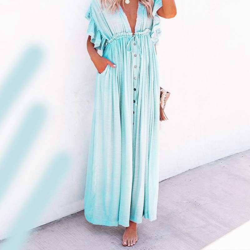Fashion Combination - Wholesale Dress - Women's - Boho Button-Front Flowy Maxi Dress6