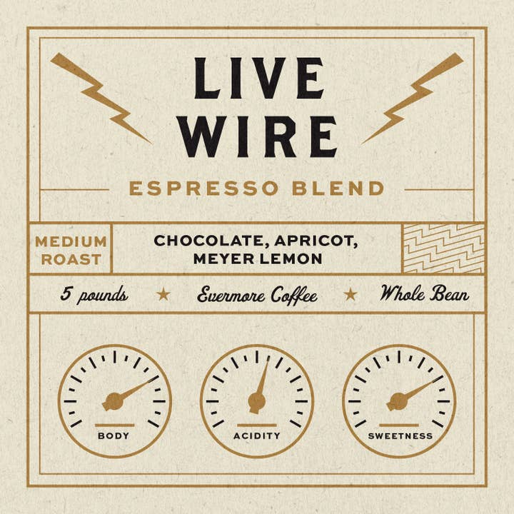 Live Wire Espresso Blend 5lb Bulk Bag for wholesale by Evermore Coffee Roasters