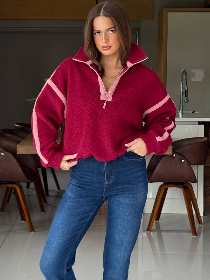 Lulu Polaire à Fermeture Éclair 1/4 avec Bordure Contrastée Baie pour la vente par Girl in mind