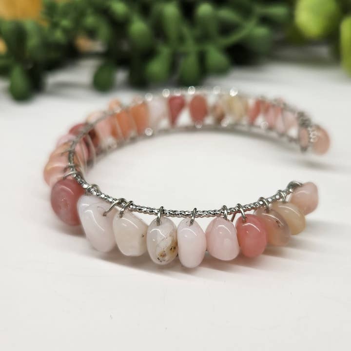 Meraki Gemstones - Wholesale Cuff Bracelet - Pink Opal Bangle/Cuff/Wire Wrapped-18kt. Gold Overlay6