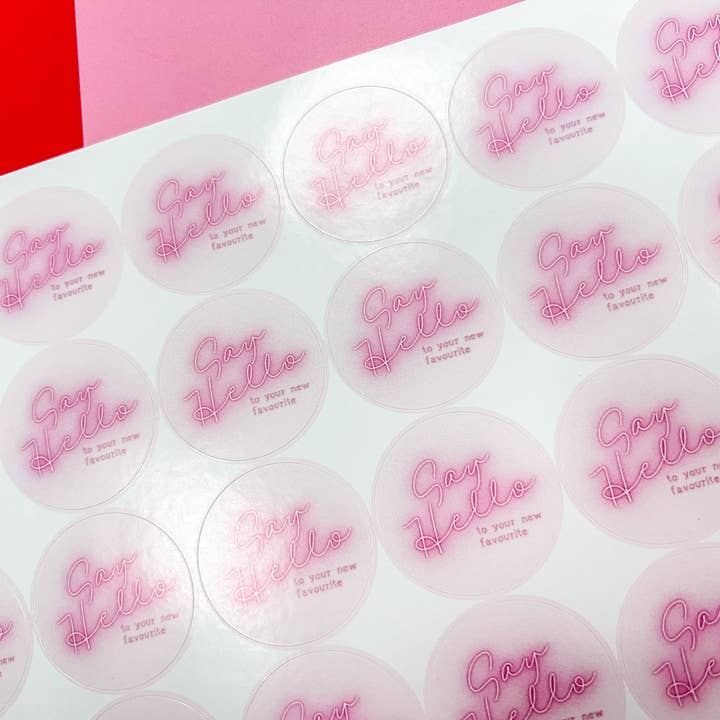 Feuille d'autocollants d'emballage Pink Say Hello pour la vente par The Small Business Handbook