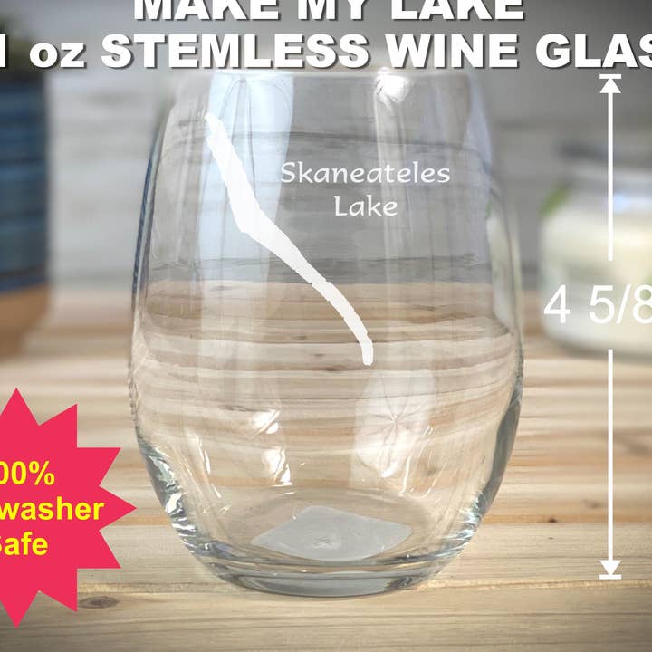 Make My Lake 21 oz Stemless Wine glass for wholesale by Adirondack Etching LLC