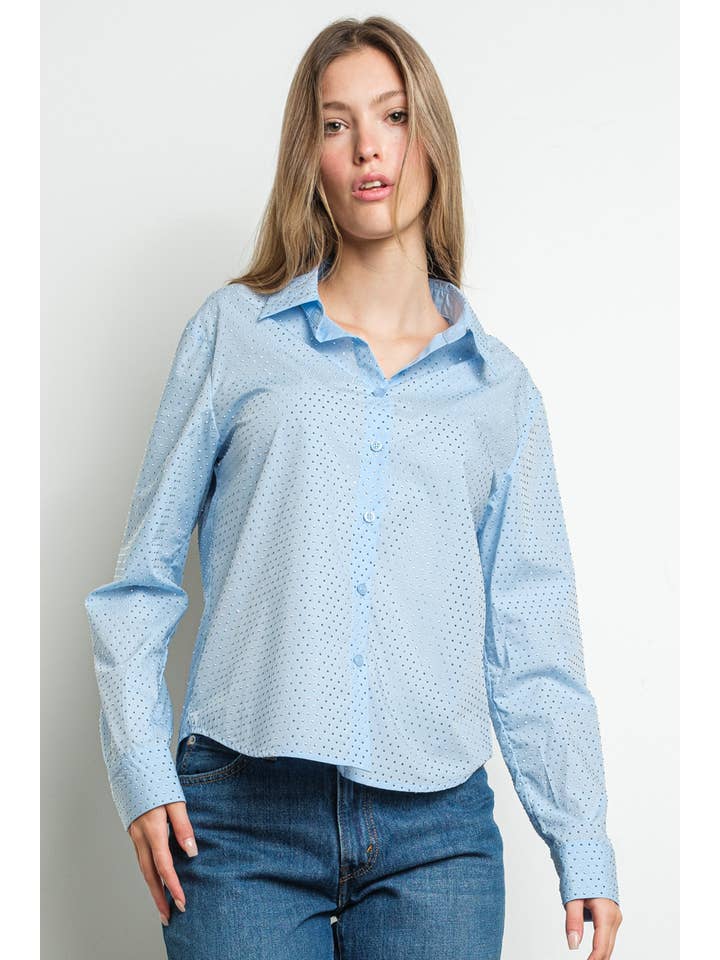 KIWI - Wholesale Buttoned-down shirt – Women's - IT3148 Embellished Rhinestone Button Down Cotton Shirt