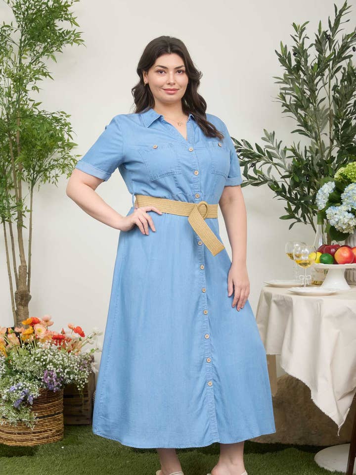 PLUS KRAVET SKJORTE MED MANCHETTER OG BÆLTE MIDIKJOLE for engroshandel hos Blu Pepper