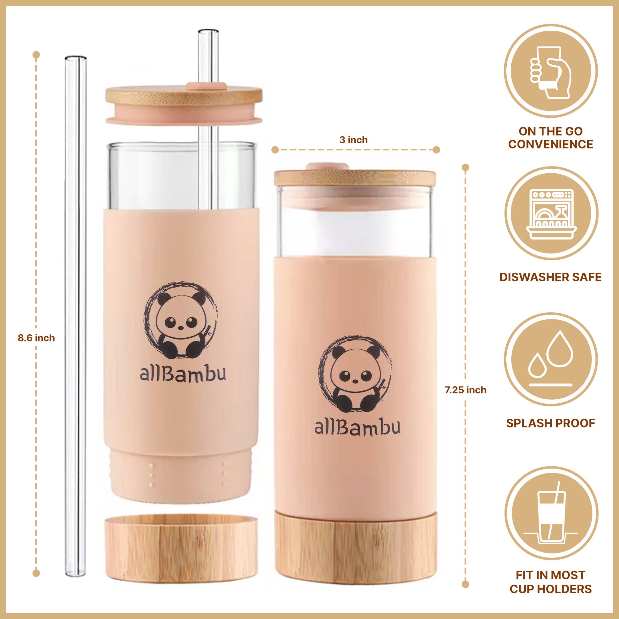 allBambu Inc - Wholesale Drinking Glass/Cup - Glass Tumbler, Glass Coffee Cup with Bamboo Lid & Straw 20oz2