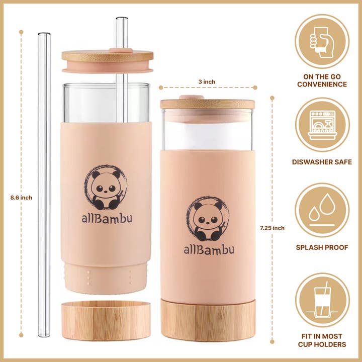 allBambu Inc - Wholesale Drinking Glass/Cup - Glass Tumbler, Glass Coffee Cup with Bamboo Lid & Straw 20oz2