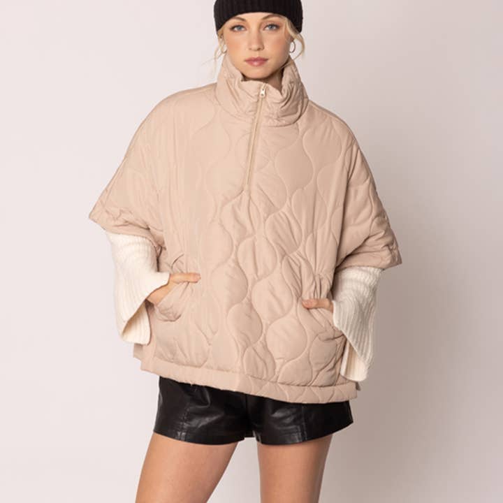 Fashion City – wholesale Poncho – Women's – Stand Up Collar Quilted Cape Poncho Jacket
