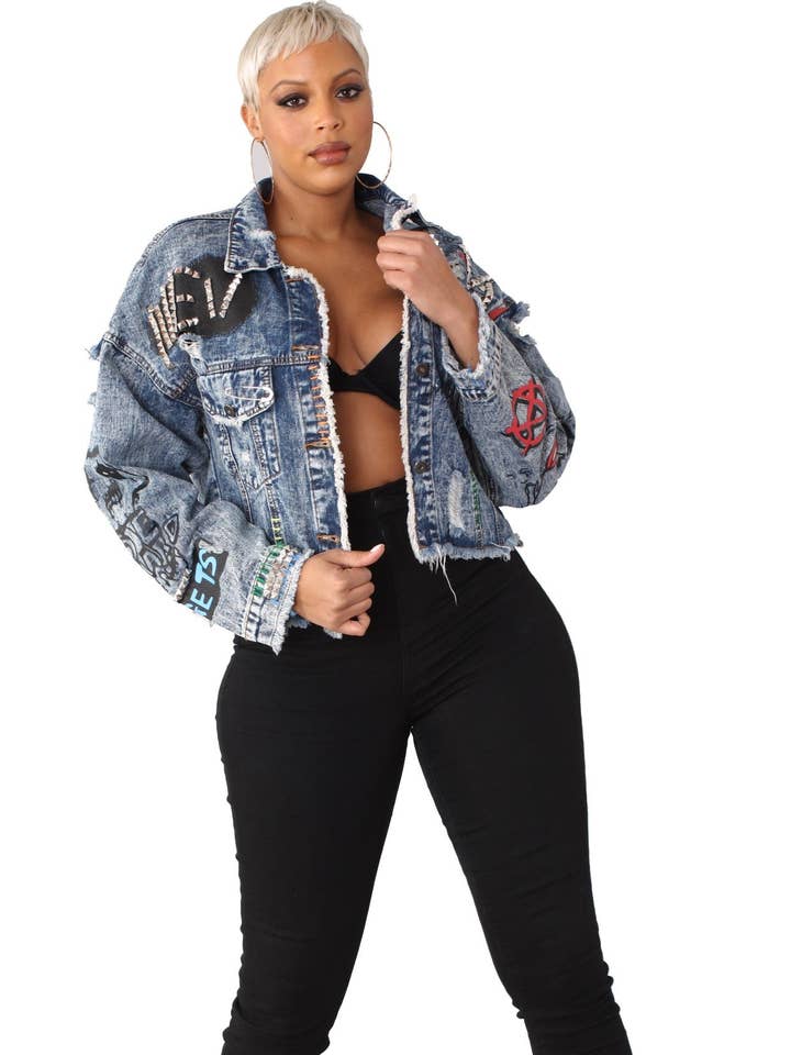 For Her NYC - Wholesale Denim Jacket - Women's - 81723P Denim graffiti ripped jacket plus size