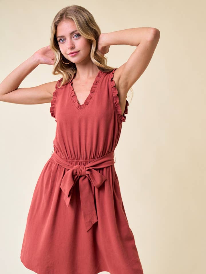 V-NECK FRILL TIRIM TIE FRONT DRESS - 27476D for wholesale by Doe and Rae