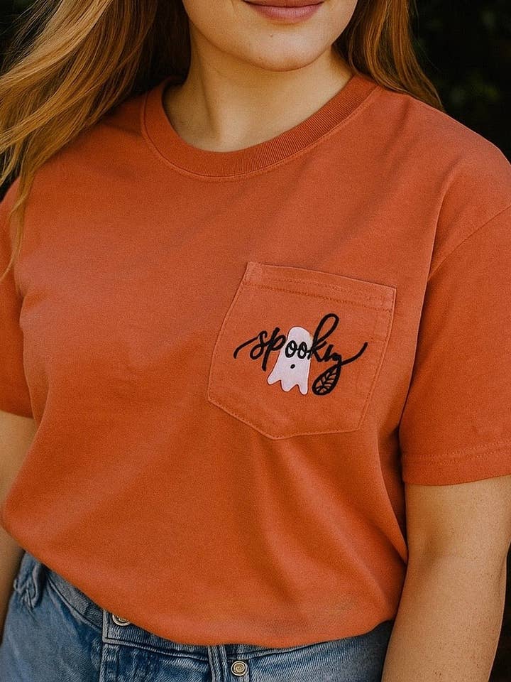 Spooky Pocket Tee for wholesale by A & C Embroidery