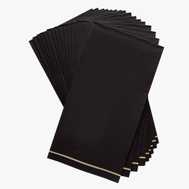 Luxe Party - Wholesale Disposable Napkin - Black with Gold Stripe Guest Paper Napkins | 16 Napkins