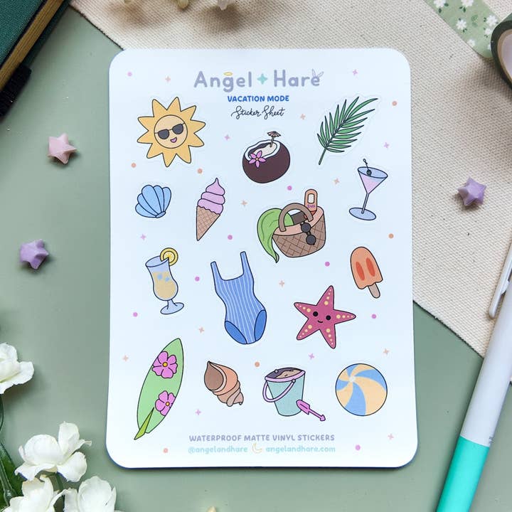 Vacation Mode Waterproof Sticker Sheet for wholesale by Angel + Hare