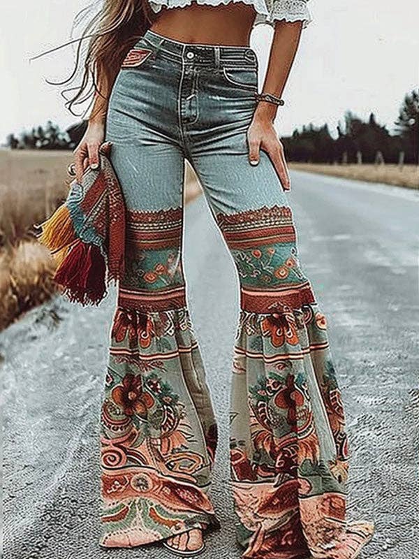 BLUE Flared Pants Floral Printed High-Waisted Pockets Jean Pants Bottoms for wholesale on Faire2