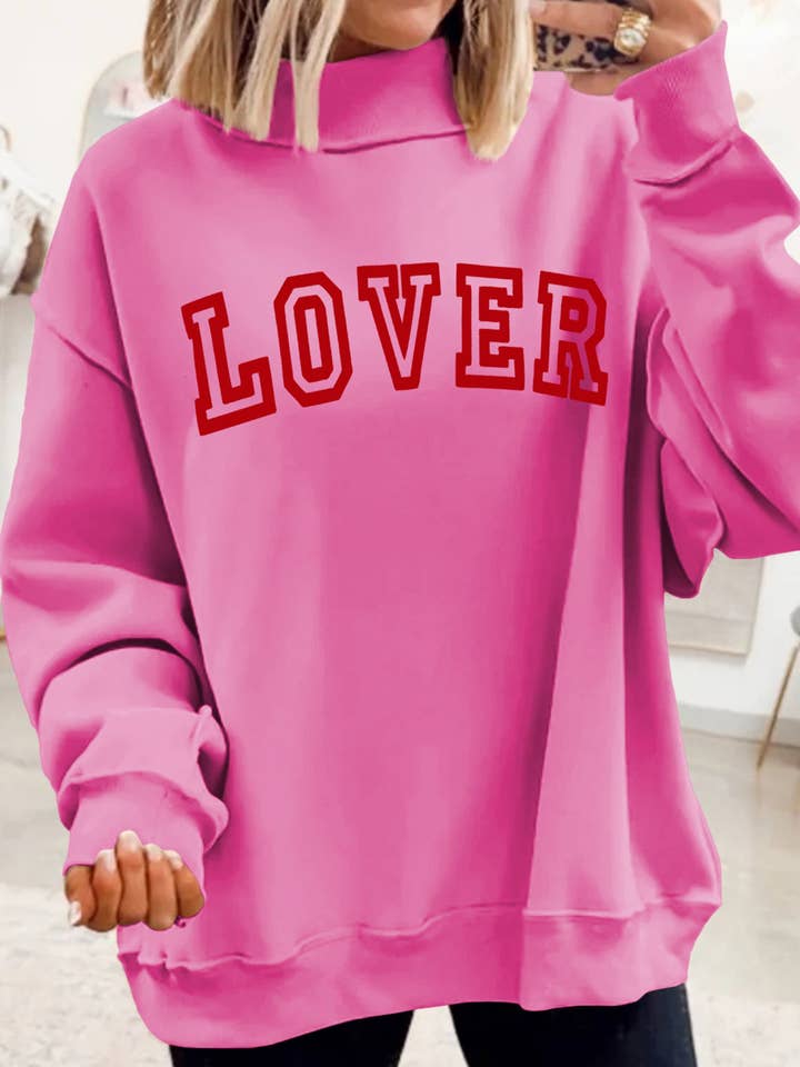 Bright Pink LOVER Heart Script Reversible Print Mock Neck Sweatshirt for wholesale by Molly & Me Boutique