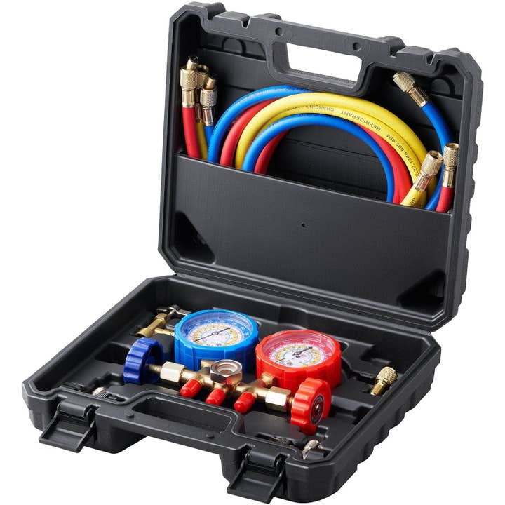 AC Gauge Set - 3 Way AC Manifold Gauge Set for R134A R22 R12 R502 Refrigerant, Freon Gauges with 5ft Hoses, Couplers, Can Tap Works on Car Auto Freon Charging and Evacuation for wholesale by Hard Rock Health Stores