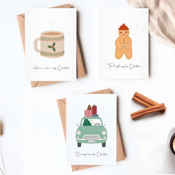 Ensemble de 6 cartes de Noël confortables pour la vente par Ditsy & Stitch