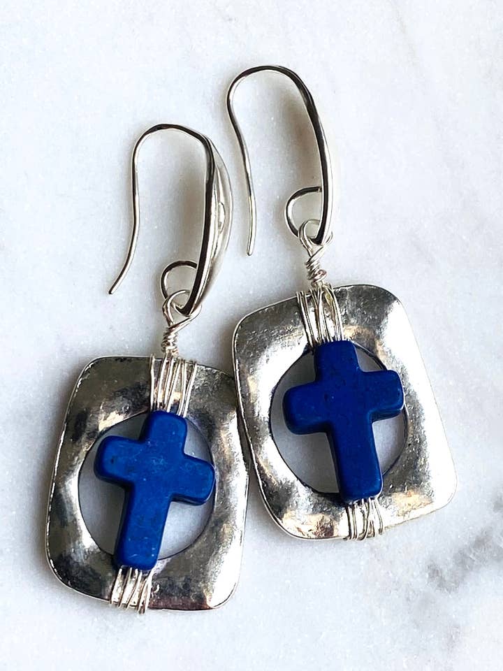 Blue Cross & Square Earrings for wholesale by Dajana Design