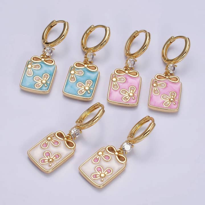 Pink/White/Blue Enamel Ribbon Bow Rectangular CZ Earrings for wholesale by Aim Eternal
