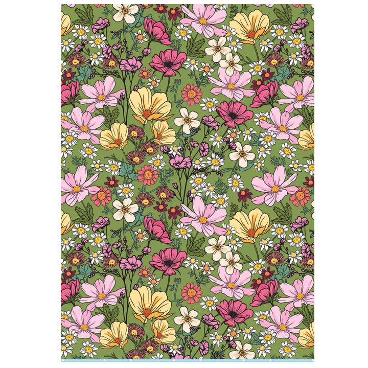 Oh So Daisy - Wholesale Flat Wrap - SHE'S A WILDFLOWER FOREST GREEN GIFT WRAP SHEET