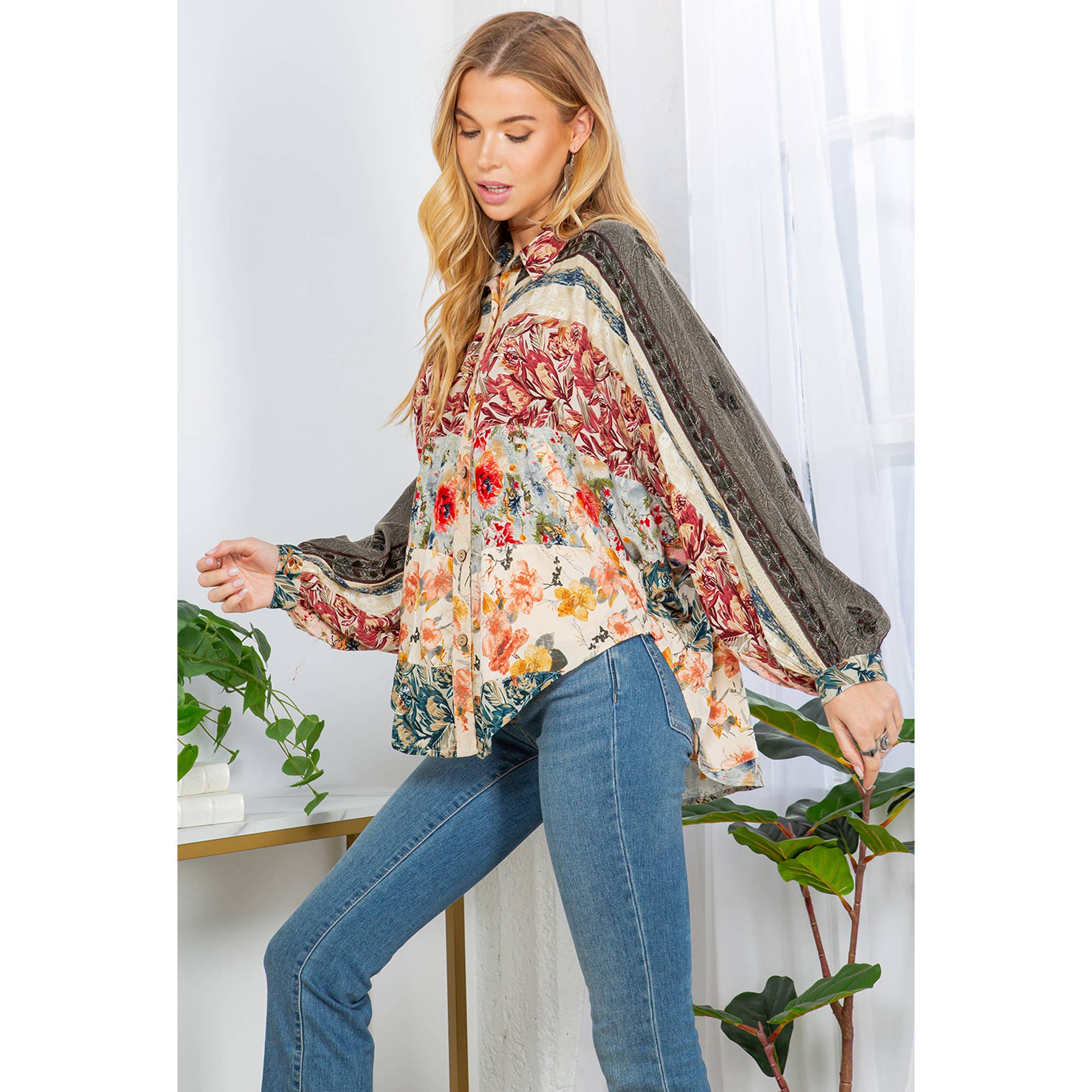 GRAVEL Bishop Sleeves Loose Western Printed Shirt Top for wholesale on Faire2