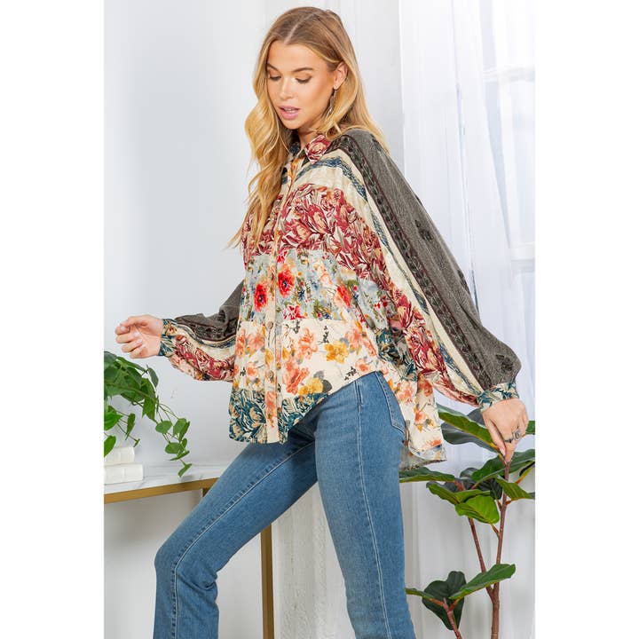 GRAVEL Bishop Sleeves Loose Western Printed Shirt Top for wholesale on Faire2