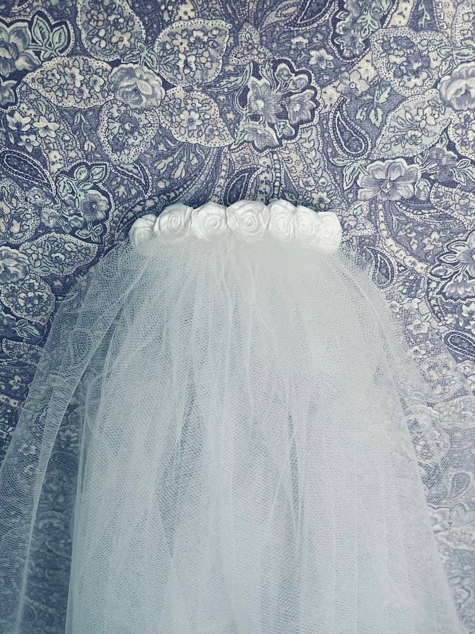 First 1st Communion Veil, White Satin Roses Decorated Comb for wholesale by Lace and Grace Veils