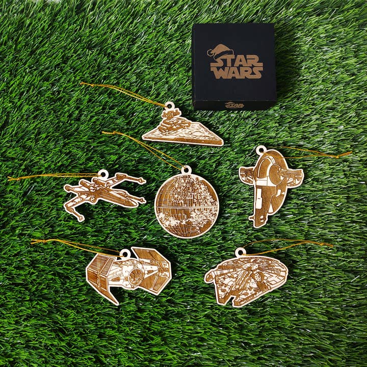 Set of 6 Wooden Star Wars Christmas Geek Ornaments, Starship for wholesale by Herbs&Belles
