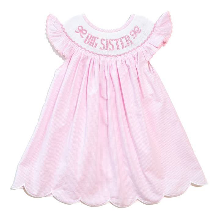 Girls Smocked Big Sister Pink Gingham Dress for wholesale by Boots & Bows Smocking Co