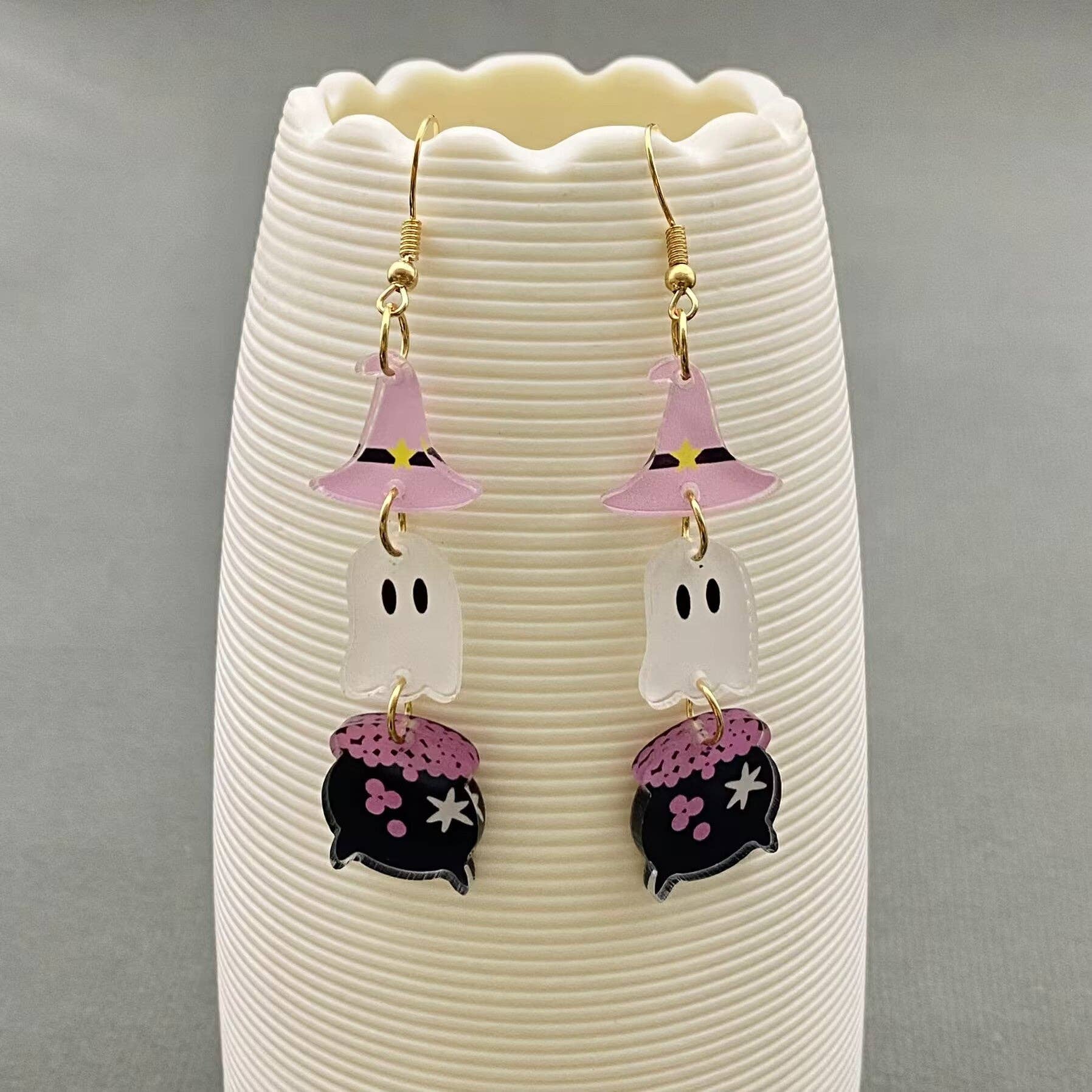 Mio Queena - Wholesale Dangle Earrings - Halloween Acrylic Magic Potion Jar & Ghost Dangle Earrings