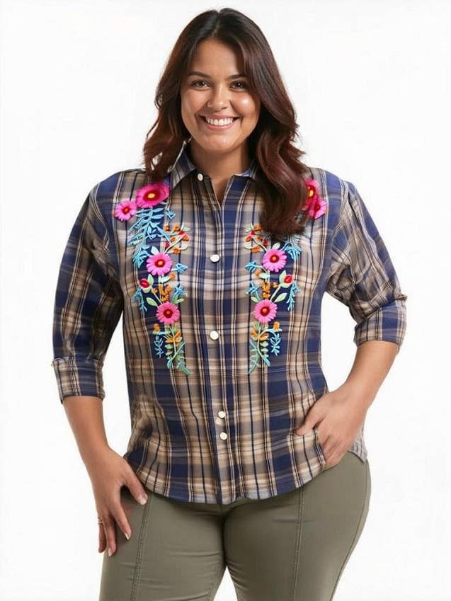 Ladies, Roll Tab Sleeve, Embroidered Blue Plaid, Light Weight Cotton Shirt. Style #1848 for wholesale by Stylish Shirley & ESJAYMENSWEAR