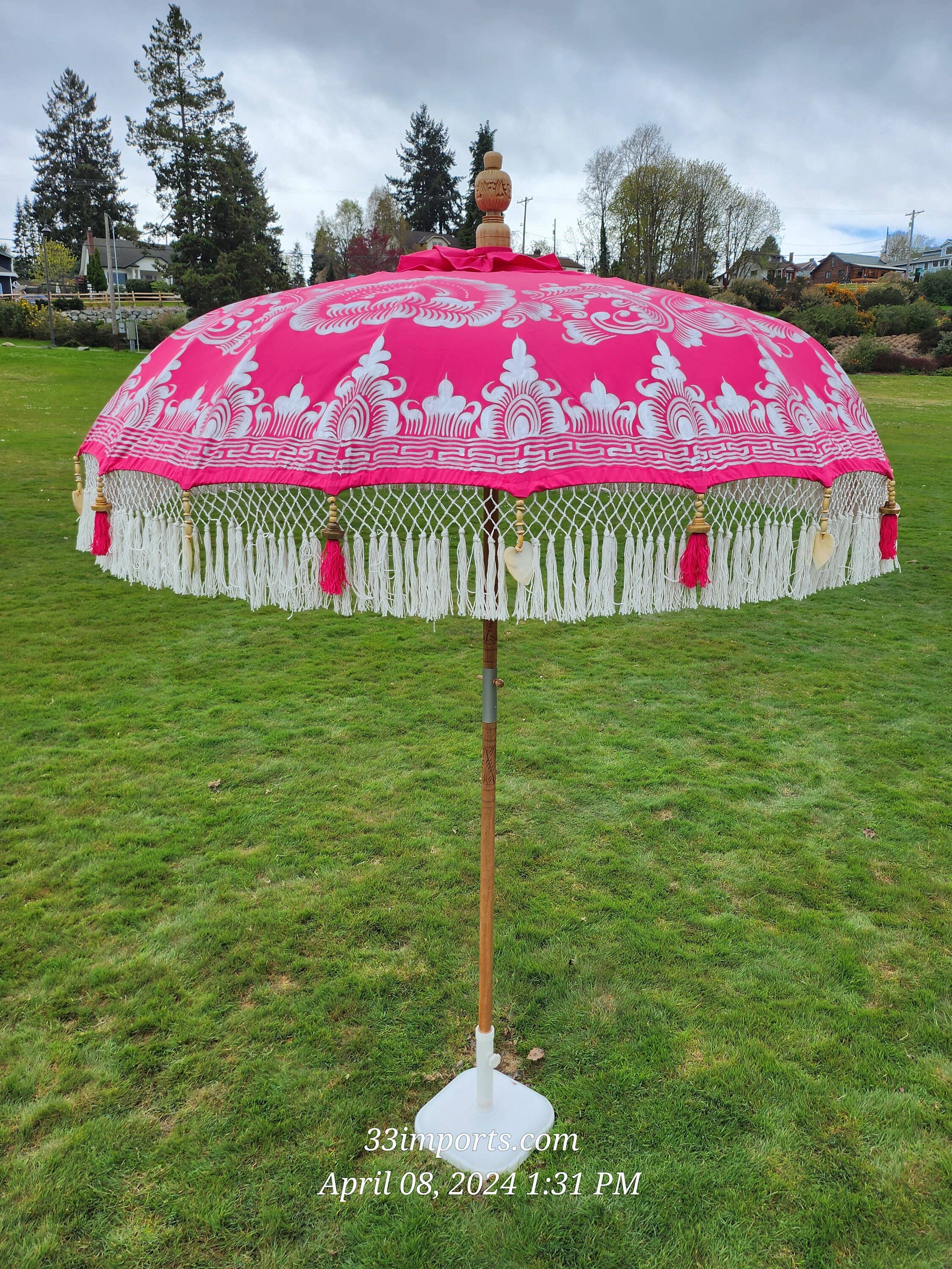 baligood - Wholesale Patio Umbrella - PINK & SILVER FULL FRINGE BALINESE UMBRELLA0