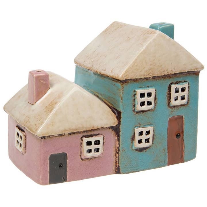 Village Pottery Deux Maisons Rose & Aqua Bougeoir pour la vente par Joe Davies