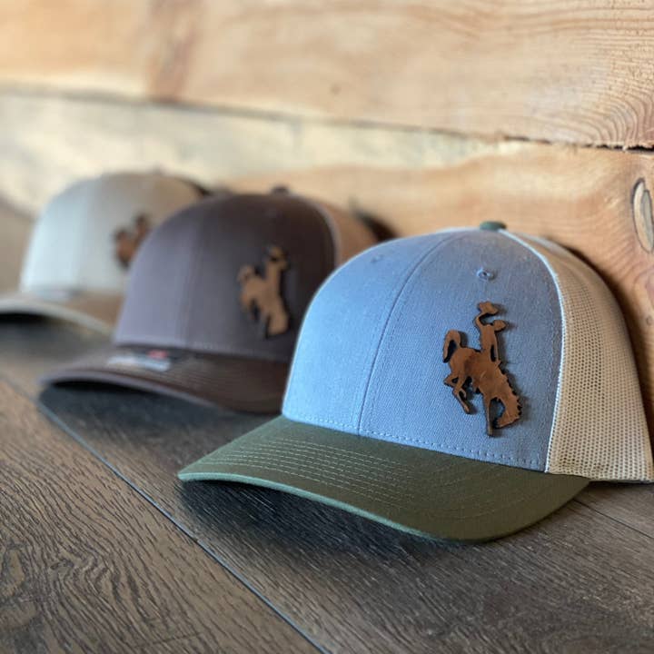 Wyoming Cowboy Leather Patch Snapback Tri-Color Hat for wholesale by Living My Best Life in Wyoming