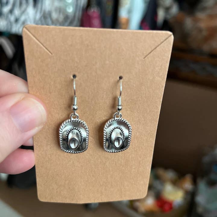 Cedar Hill Country Market - Wholesale Dangle Earrings - Silver Cowboy Hat Earrings on hooks
