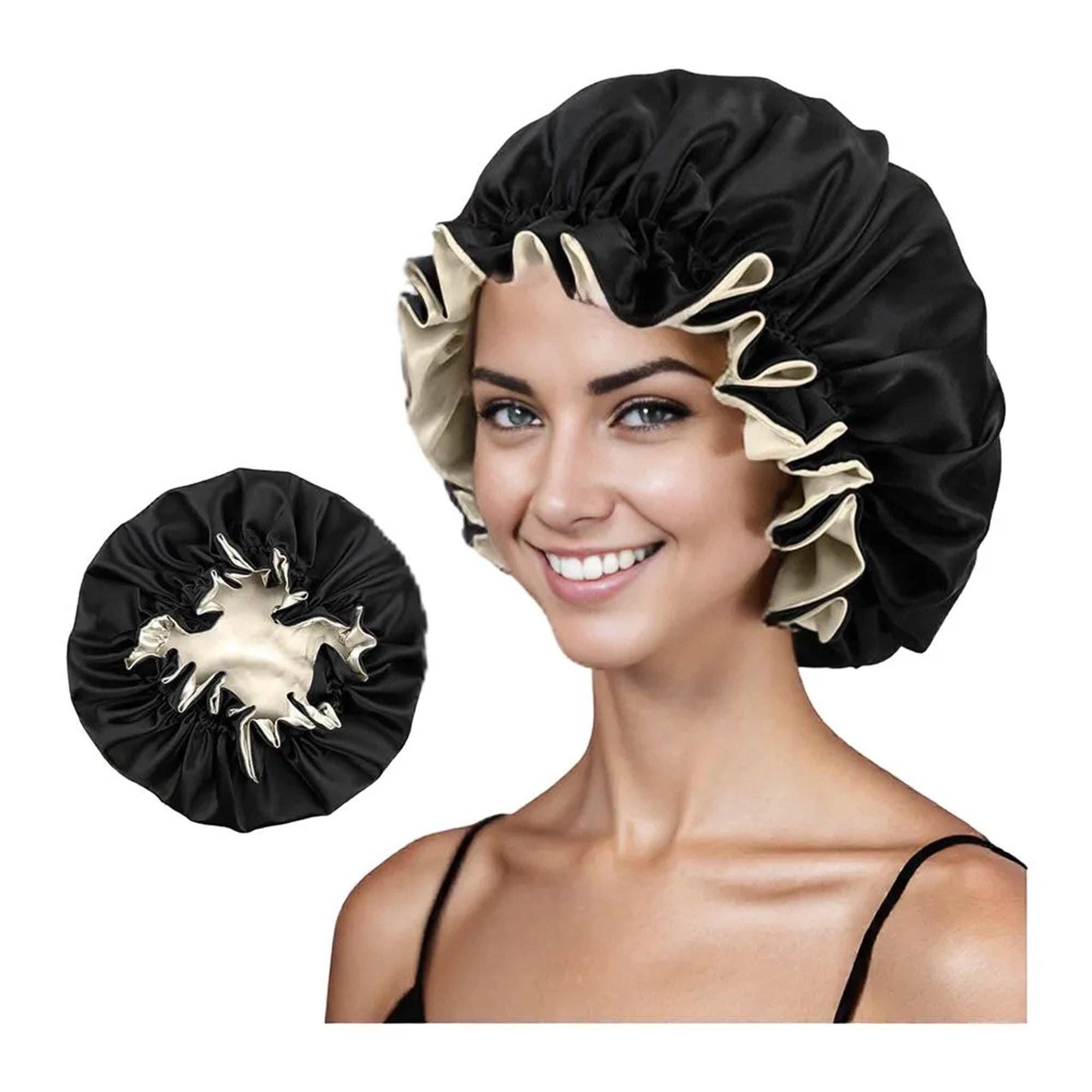 AK Brand – Engroshandel Nathue – til kvinder – Satin sovekalot med dobbelt lag og flæsekantet silkehat4