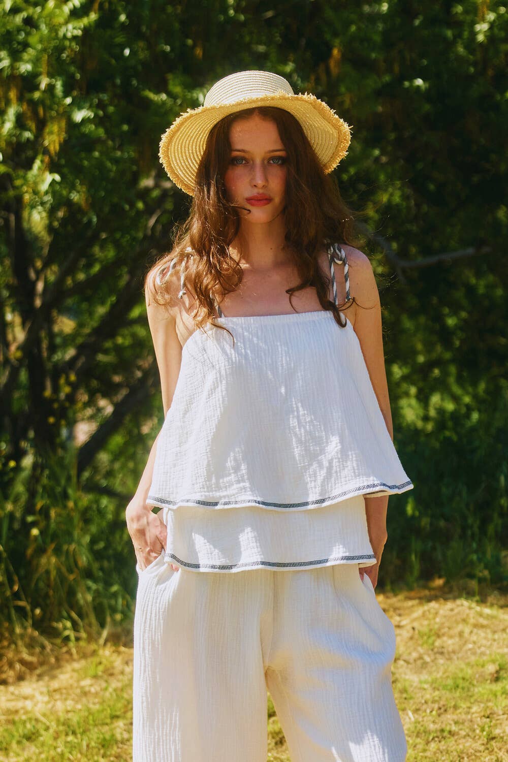 IVORY BLACK T2665  Shoulder Tie Cotton Gauze Tiered Top for wholesale on Faire0