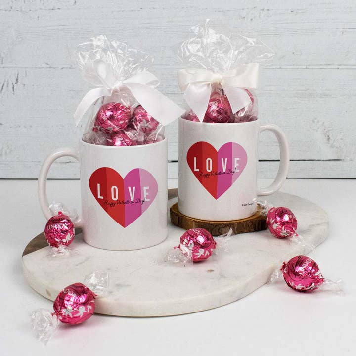 Just Candy - Wholesale Chocolate Covered Sweets - Valentine's Day Mug Filled with Pink Strawberries & Cream Lindor Truffles - LOVE