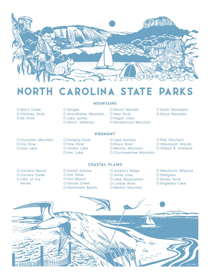 North Carolina State Park Checklist Screen Print Poster for wholesale by Jelly Press